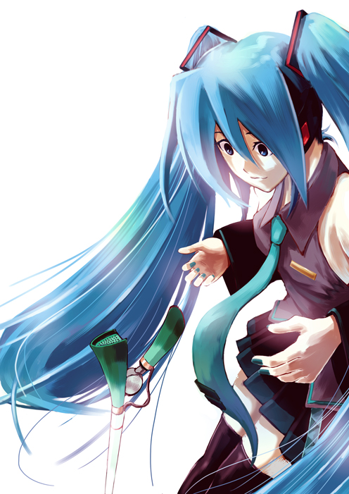 saka kishirou, hatsune miku, vocaloid, aqua hair, blue eyes, detached sleeves, long hair, microphone, necktie, skirt, solo, spring onion, thighhighs, twintails, very long hair, zettai ryouiki