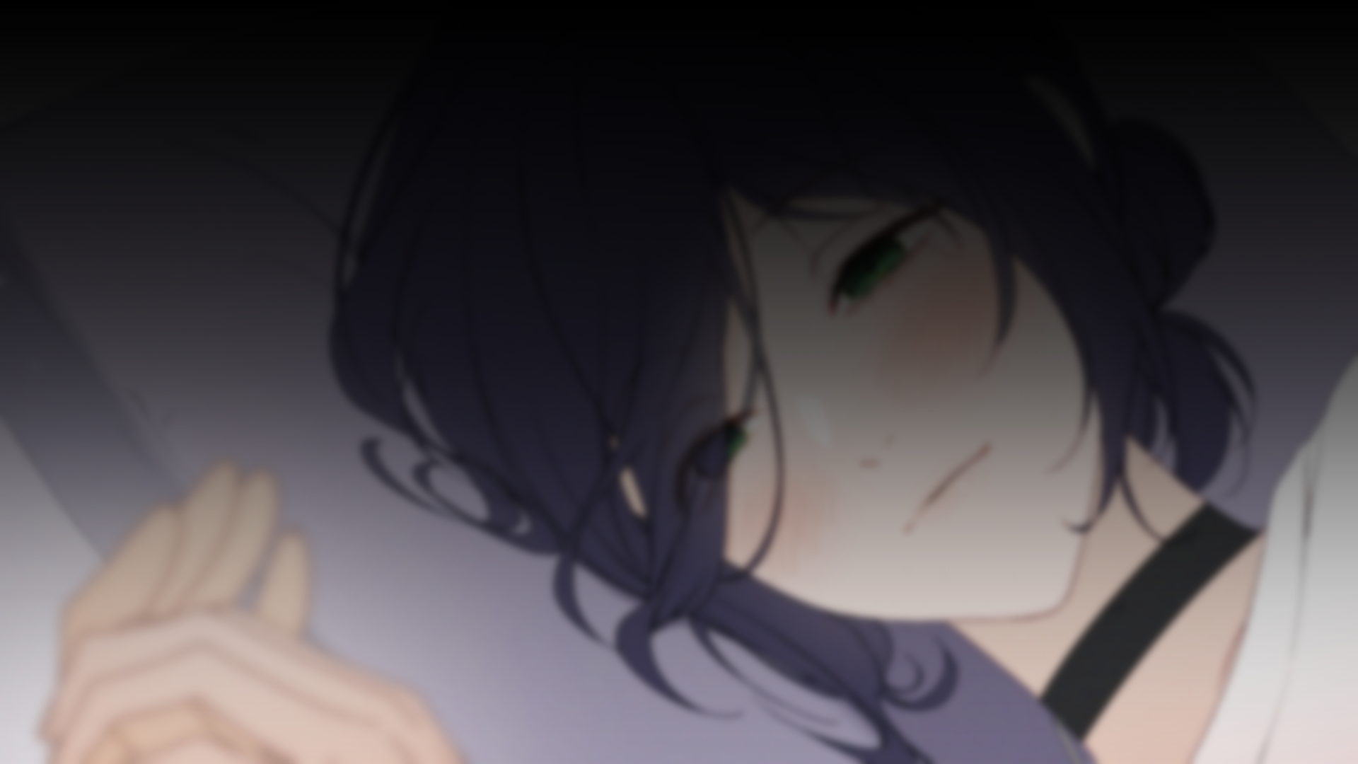 denji (chainsaw man), reze (chainsaw man), chainsaw man, highres, 1boy, 1girl, black choker, blue hair, blurry, blurry foreground, blush, choker, closed mouth, grabbing another's hand, green eyes, lying, on bed, on side, ryu miryu, solo focus