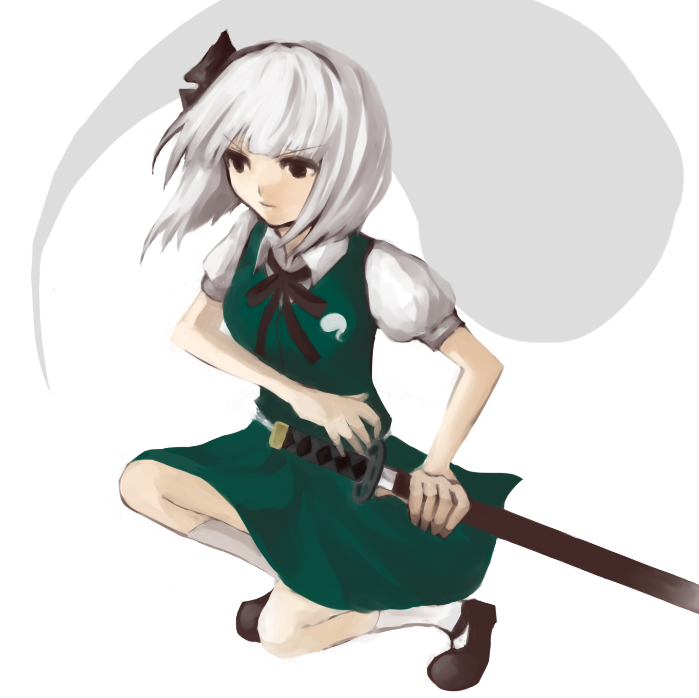 kuroi mosamosa, konpaku youmu, konpaku youmu (ghost), touhou, bad id, bad pixiv id, 1girl, female focus, hitodama, mary janes, shoes, short hair, socks, solo, sword, weapon
