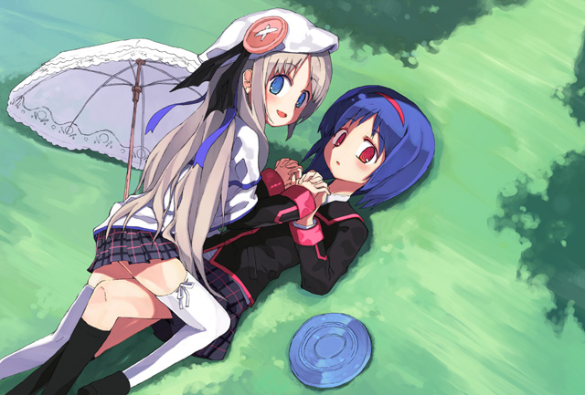 shuzoku fumei, nishizono mio, noumi kudryavka, little busters!, silver hair, bad id, bad pixiv id, 2girls, :d, :o, beret, blue eyes, blue hair, blush, embarrassed, grass, hair ribbon, hairband, hat, kneehighs, long hair, looking back, lying, multiple girls, on back, on ground, open mouth, outdoors, pleated skirt, red eyes, ribbon, school uniform, short hair, skirt, smile, socks, straddling, thighhighs, umbrella, very long hair, white thighhighs, yuri, zettai ryouiki