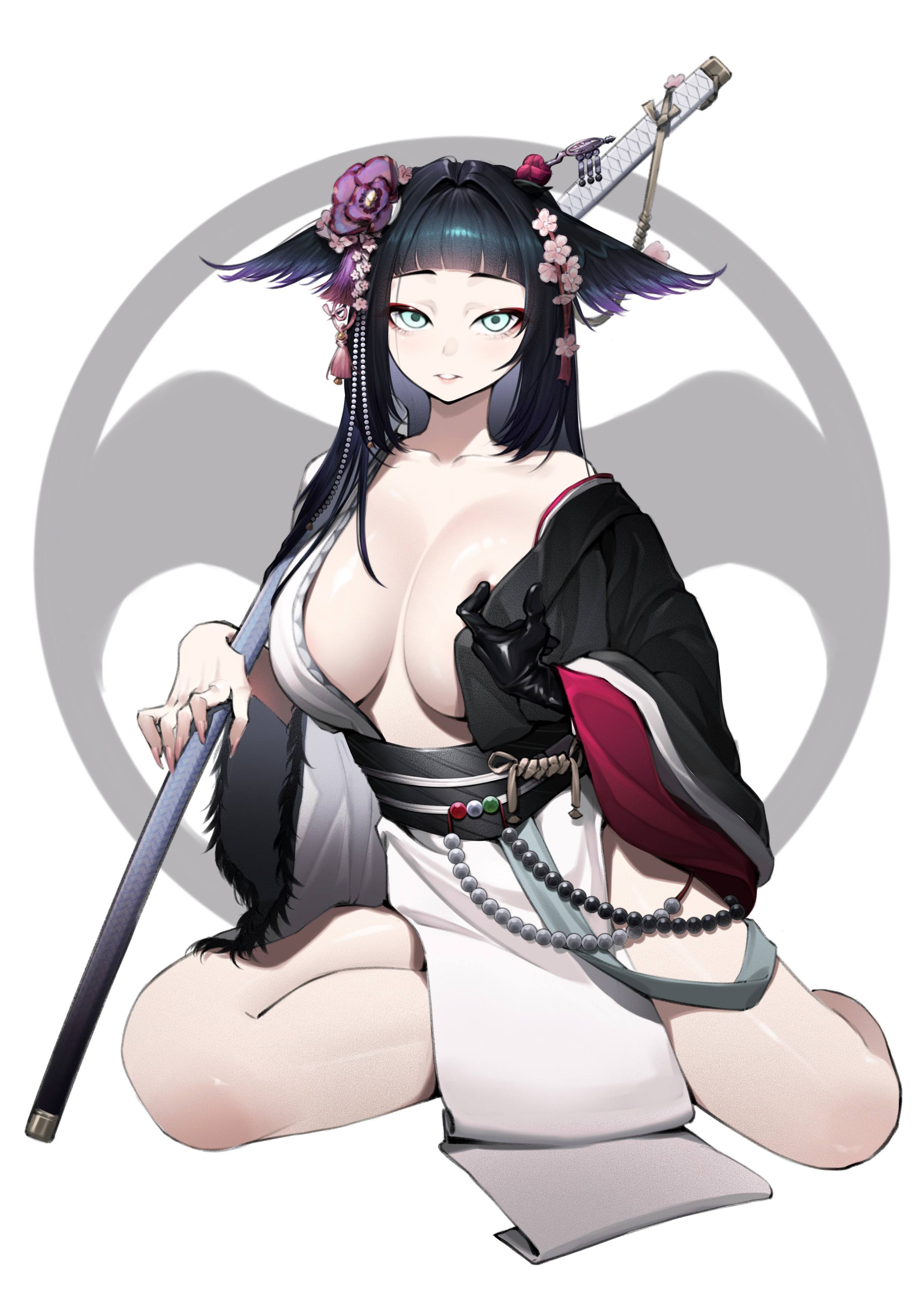 ghosty (xiaobai), mio (arknights), arknights, absurdres, commentary, highres, making-of available, procreate (medium), variant set, 1girl, animal ears, arched bangs, bare shoulders, black gloves, black hair, black haori, black sash, blunt bangs, breasts, collarbone, flower, full body, gloves, green eyes, hair flower, hair intakes, hair ornament, haori, japanese clothes, katana, large breasts, long hair, long sleeves, looking at viewer, no bra, off shoulder, parted lips, pink flower, purple flower, sash, sheath, sheathed, single glove, sitting, solo, sword, weapon, white background