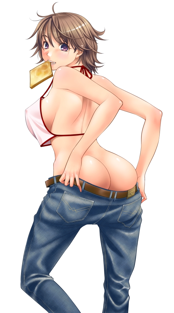 asakura sakura, 1girl, ass, back, belt, bread, bread slice, breasts, brown hair, butt crack, camisole, covered erect nipples, crop top, denim, dressing, female focus, food, food in mouth, from behind, jeans, large breasts, looking back, mouth hold, no bra, no panties, pants, purple eyes, short hair, sideboob, solo, toast, toast in mouth, undressing