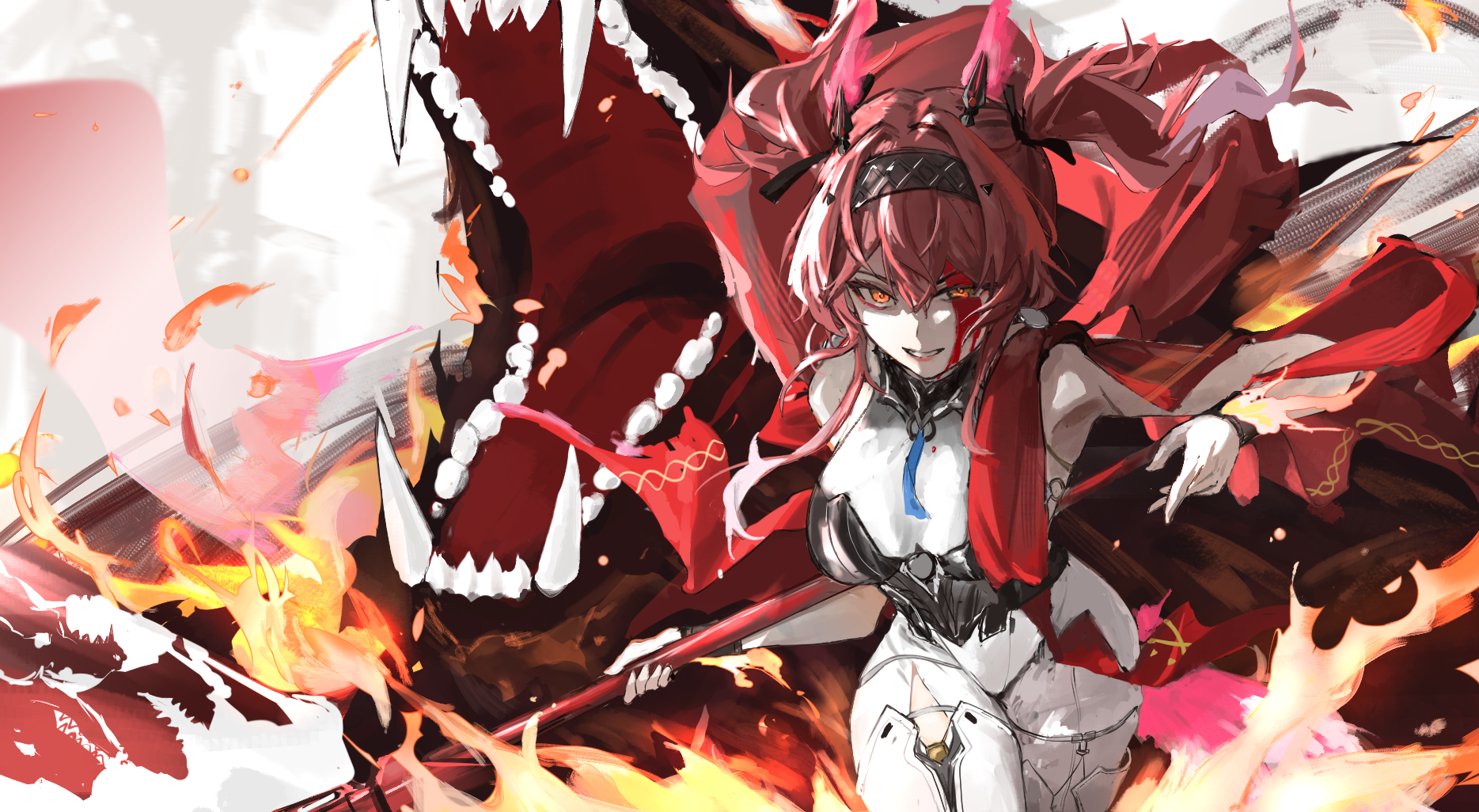 qwq22565156, lupa (wuthering waves), wuthering waves, commentary, highres, 1girl, armor, blood, blood on face, bodysuit, breastplate, breasts, collar, hairband, headgear, holding, holding polearm, holding weapon, large breasts, long hair, looking at viewer, metal collar, metal hairband, orange eyes, parted lips, pink hair, polearm, smile, solo, twintails, weapon, white bodysuit, wrist guards