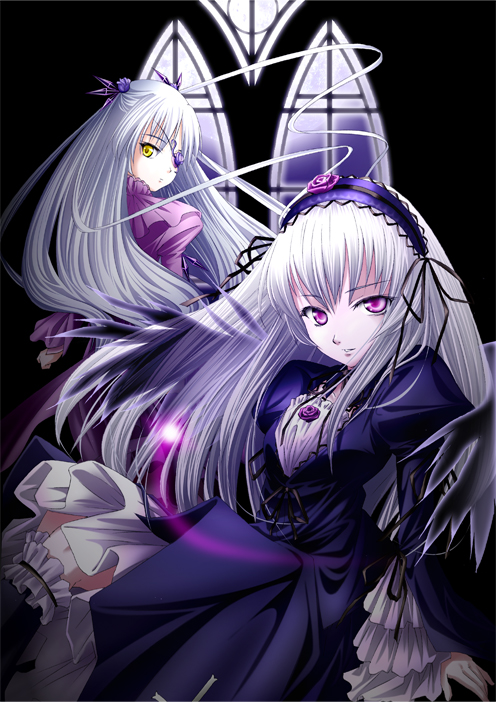 katorifuta, zoneflower, barasuishou, suigintou, rozen maiden, silver hair, bad id, bad pixiv id, 00s, 2girls, dress, eyepatch, flower, frills, hairband, long hair, multiple girls, pink eyes, wings, yellow eyes