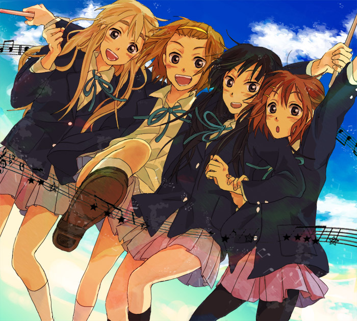 zerobi, akiyama mio, hirasawa yui, kotobuki tsumugi, tainaka ritsu, k-on!, 00s, 4girls, blunt bangs, hime cut, ho-kago tea time, multiple girls, pantyhose, school uniform