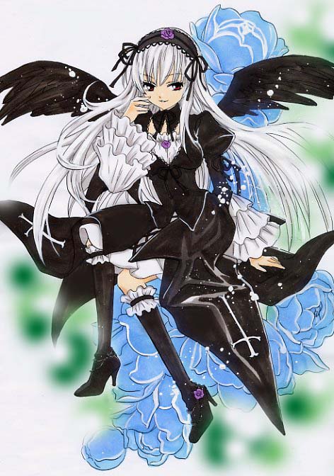 sakiran densha, yukikoma, suigintou, rozen maiden, silver hair, 00s, 1girl, boots, dress, female focus, flower, frills, hairband, high heels, knee boots, long hair, red eyes, shoes, solo, wings