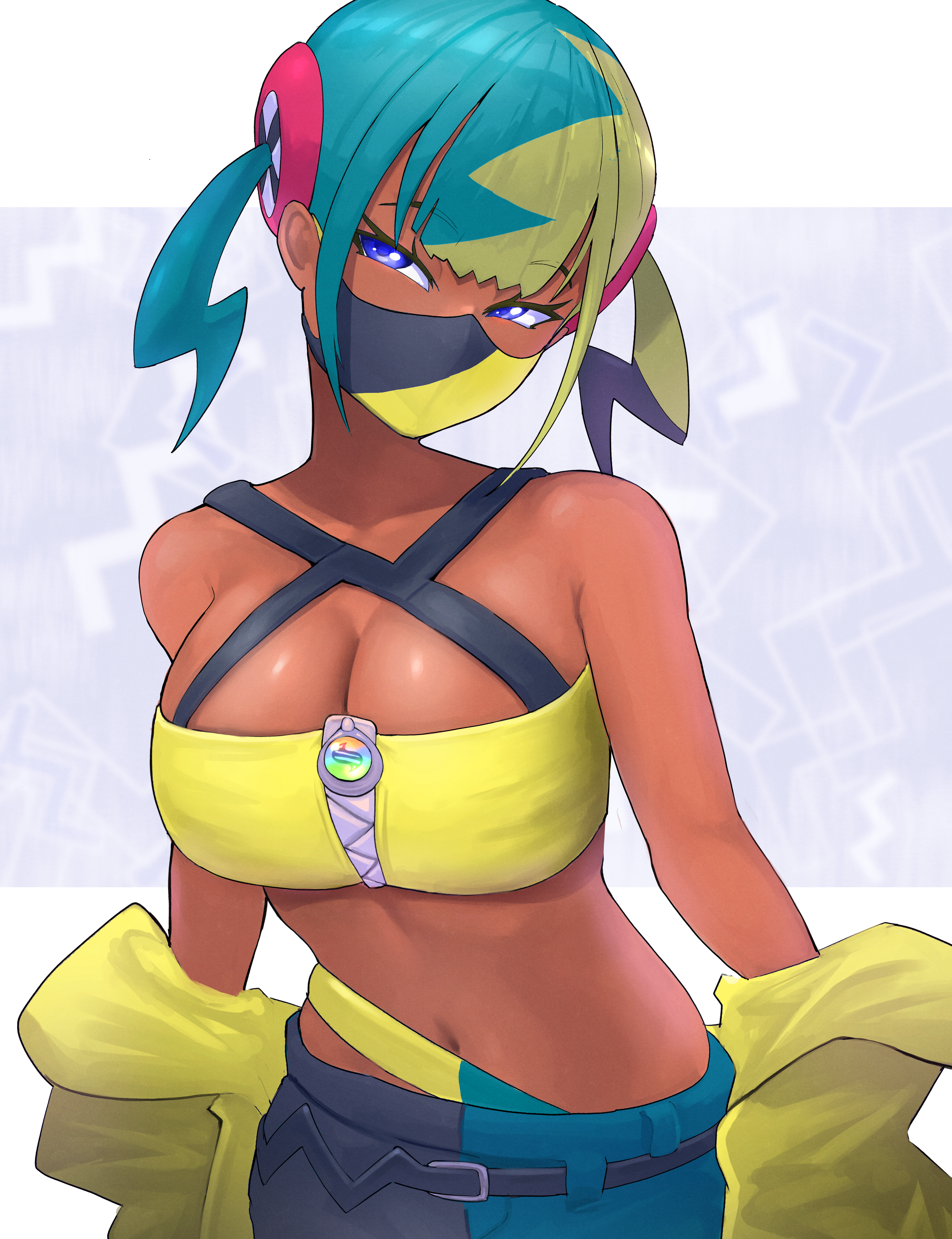 yodokogon, canari (pokemon), nintendo, pokemon, pokemon legends: z-a, absurdres, highres, 1girl, blonde hair, blue eyes, blue hair, breasts, character hair ornament, cleavage, crop top, dark-skinned female, dark skin, hair ornament, jacket, large breasts, mask, midriff, mouth mask, multicolored hair, multicolored pants, navel, off shoulder, pants, solo, split-color clothes, split-color hair, twintails, two-tone hair, yellow jacket