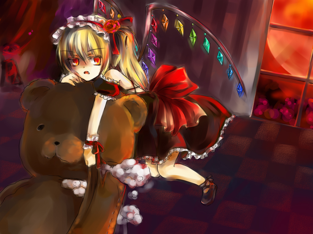 erzihua guimao, yumioni, flandre scarlet, touhou, 1girl, adapted costume, blonde hair, fang, female focus, hair between eyes, long hair, open mouth, red eyes, red wrist cuffs, solo, stuffed animal, stuffed toy, teddy bear, wings, wrist cuffs