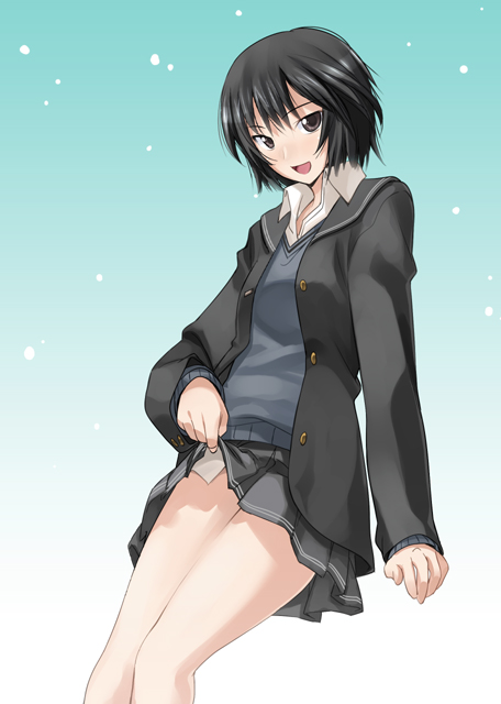 chikugen shiina, nanasaki ai, amagami, black eyes, black hair, blush, clothes lift, school uniform, short hair, skirt, skirt lift, smile, snow, solo, sweater