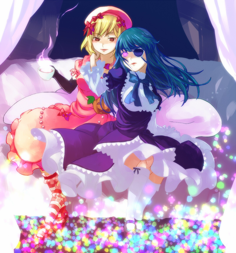 hanui, frederica bernkastel, lambdadelta, umineko no naku koro ni, striped legwear, bad id, bad pixiv id, 00s, 2girls, blonde hair, blue hair, bow, brown eyes, cup, dress, eyepatch, frills, hat, kneehighs, long hair, multiple girls, pink hat, purple eyes, short hair, socks, striped clothes, striped thighhighs, tea, teacup, thighhighs
