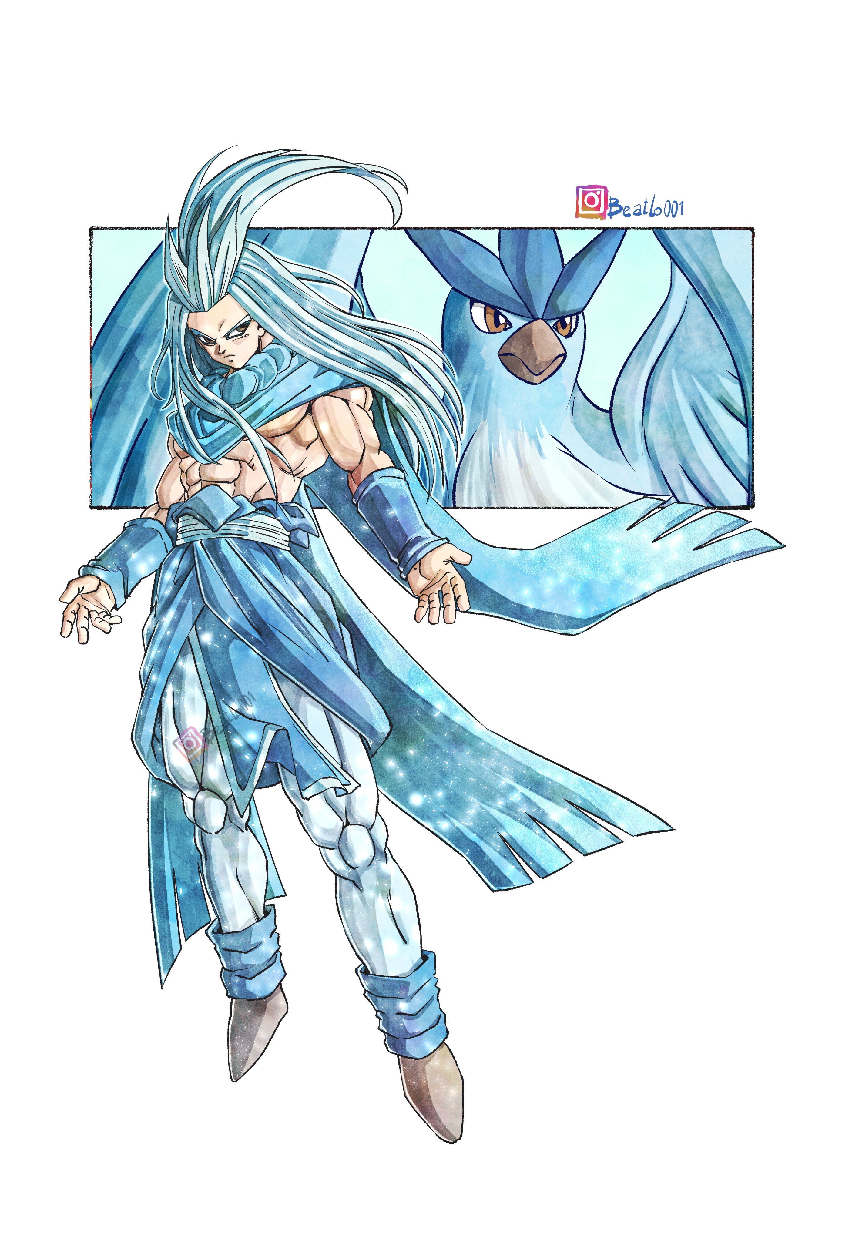 beatlo (rodrigo38658978), articuno, dragon ball, nintendo, pokemon, absurdres, highres, 1boy, arm warmers, beak, bird, blue cape, blue hair, brown eyes, cape, creature and personification, floating, gen 1 pokemon, instagram username, leg warmers, legendary pokemon, long hair, muscular, muscular male, pants, personification, pokemon (creature), sash, toriyama akira (style), v-shaped eyebrows, white pants, white sash, wings
