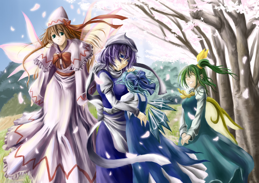 yorubehakiete tenohiragaeshi, cirno, daiyousei, letty whiterock, lily white, touhou, 4girls, bare tree, blue dress, blue hair, bow, bowtie, brown hair, cherry blossoms, dress, fairy, fairy wings, female focus, from side, green dress, green hair, hug, ice, ice wings, long hair, looking at viewer, multiple girls, outdoors, profile, puffy short sleeves, puffy sleeves, red bow, red bowtie, short sleeves, standing, tree, very long hair, wings
