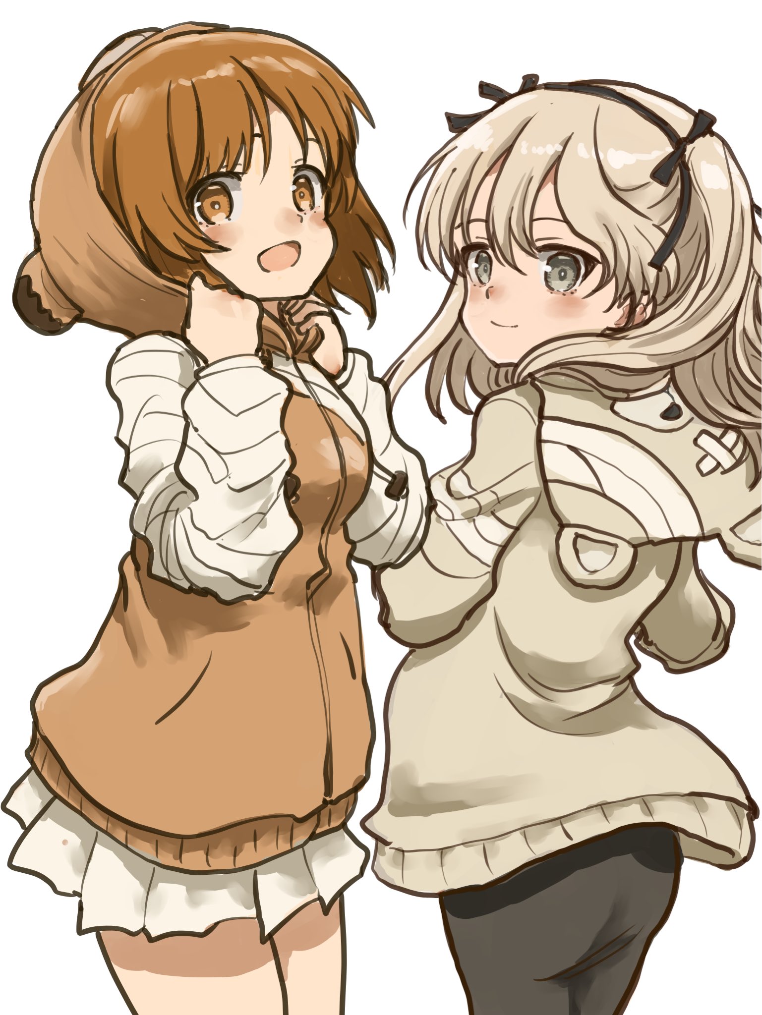 murayama kei, boko (girls und panzer), nishizumi miho, shimada arisu, girls und panzer, commentary request, highres, 2girls, blush, boko (girls und panzer) (cosplay), brown eyes, brown hair, cosplay, grey hair, happy, long hair, looking at viewer, multiple girls, open mouth, short hair, simple background, skirt, standing, white background, white skirt