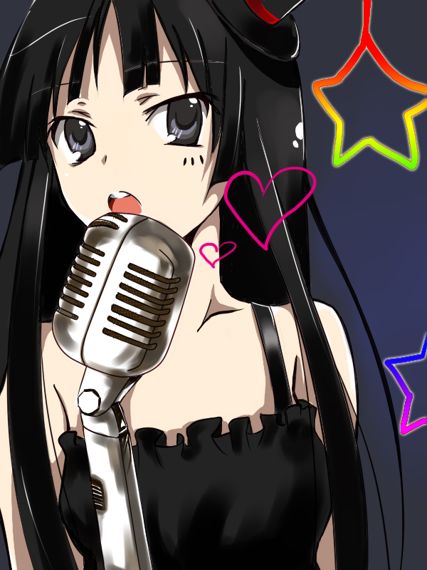 erzihua guimao, yumioni, akiyama mio, don't say "lazy", k-on!, 00s, 1girl, black hair, blunt bangs, female focus, hat, hime cut, microphone, microphone stand, mini hat, mini top hat, solo, top hat