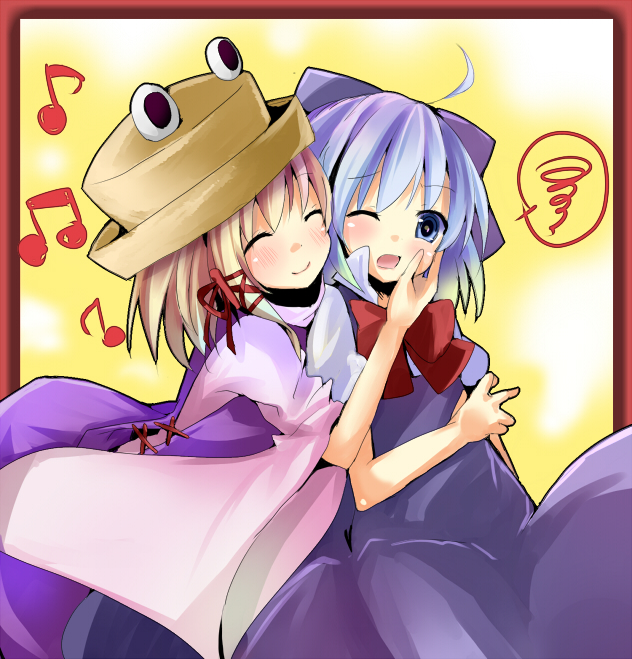 yuita, yuitadesuyo (pixiv), cirno, moriya suwako, touhou, bad id, 2girls, blush, cheek pinching, female focus, hat, multiple girls, musical note, one eye closed, pinching, spoken squiggle, squiggle, wink