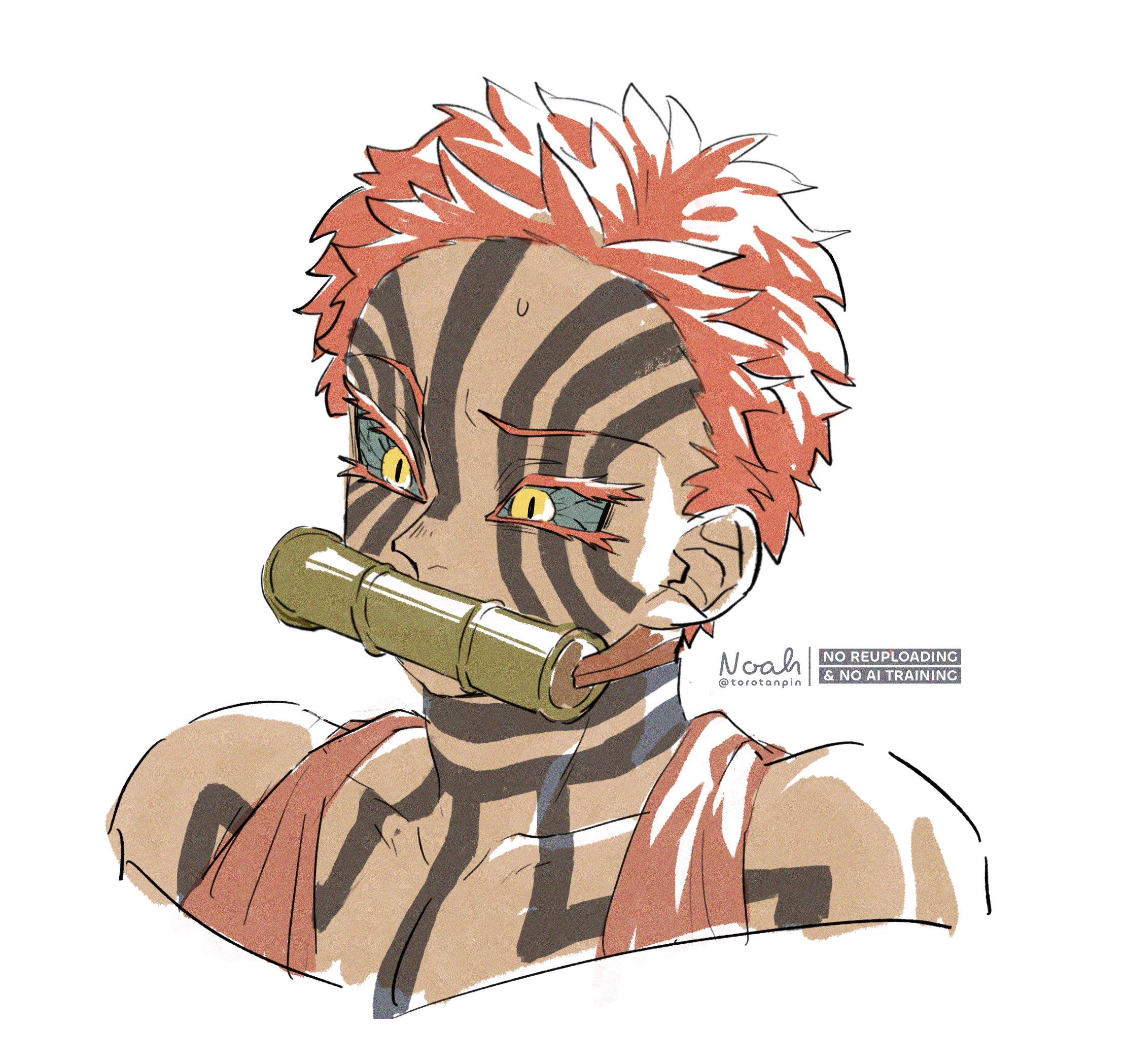 noah (rokoroko), akaza (kimetsu no yaiba), kimetsu no yaiba, highres, 1boy, bamboo, blue sclera, collarbone, colored sclera, facial tattoo, male focus, mouth hold, neck tattoo, pink hair, pink vest, short hair, simple background, solo, spiked hair, sweatdrop, tattoo, upper body, vest, white background, yellow eyes