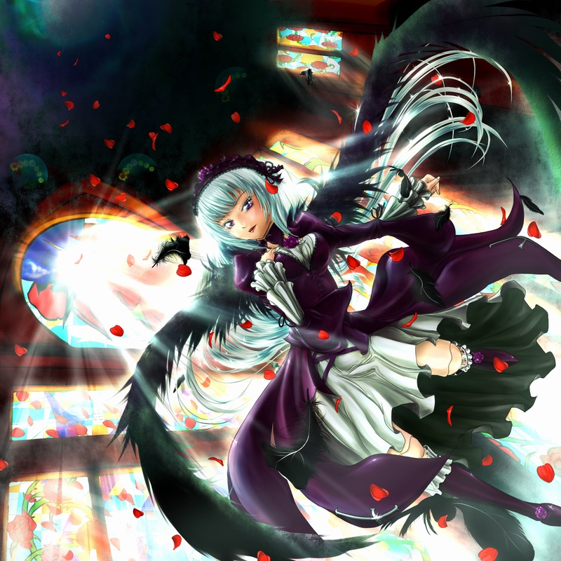 hyotenka ichido, suigintou, rozen maiden, silver hair, bad id, bad pixiv id, 00s, doll joints, dress, feathers, frills, hairband, joints, long hair, petals, purple eyes, rose petals, solo, wings