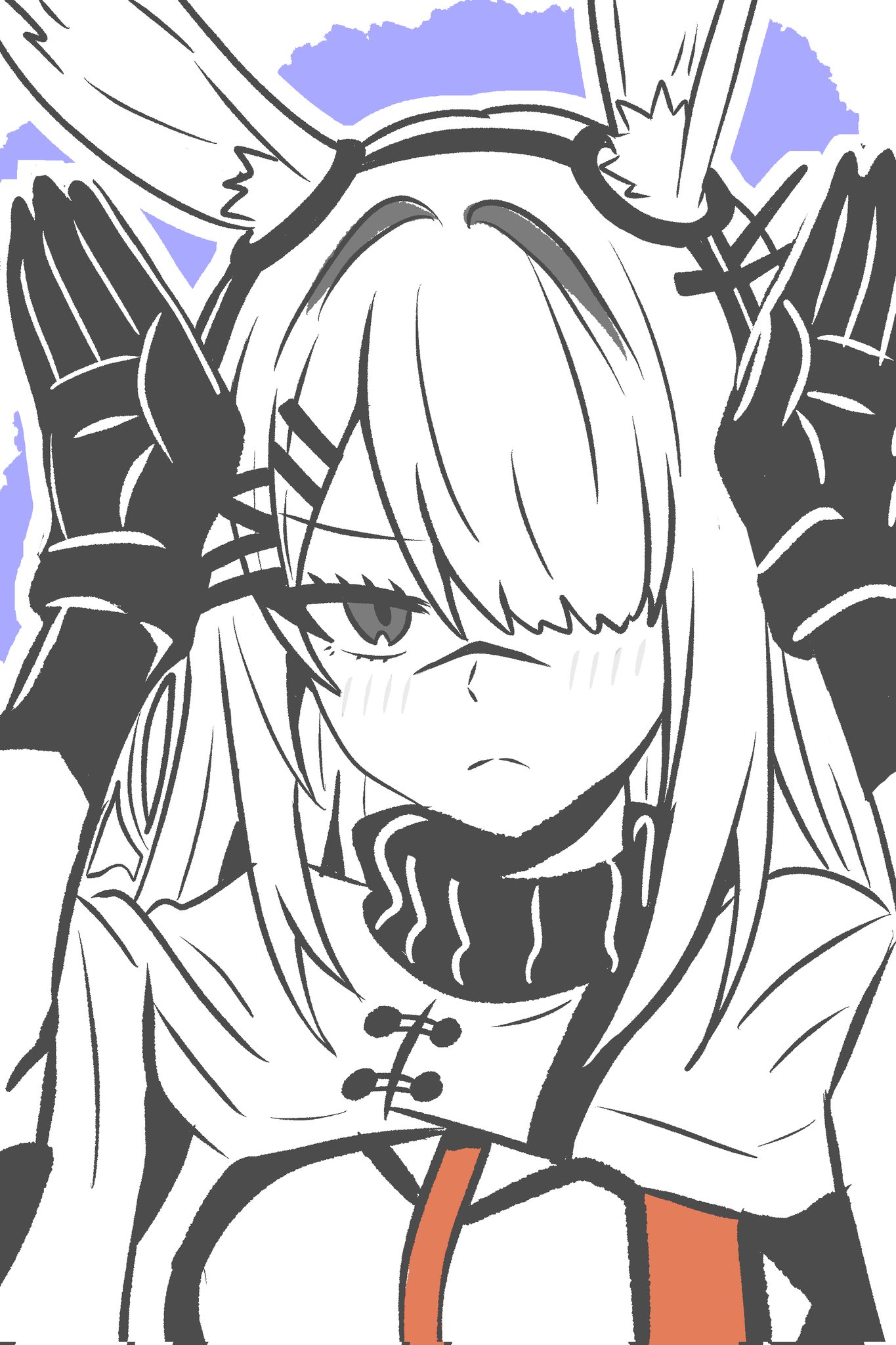 lucia (luciatehe), frostnova (arknights), arknights, commentary, corrupted twitter file, highres, symbol-only commentary, 1girl, animal ears, blush, closed mouth, gloves, hair ornament, hair over one eye, hairclip, long hair, looking at viewer, one eye covered, partially colored, rabbit pose, scar, scar on face, scar on nose, solo, split mouth, upper body