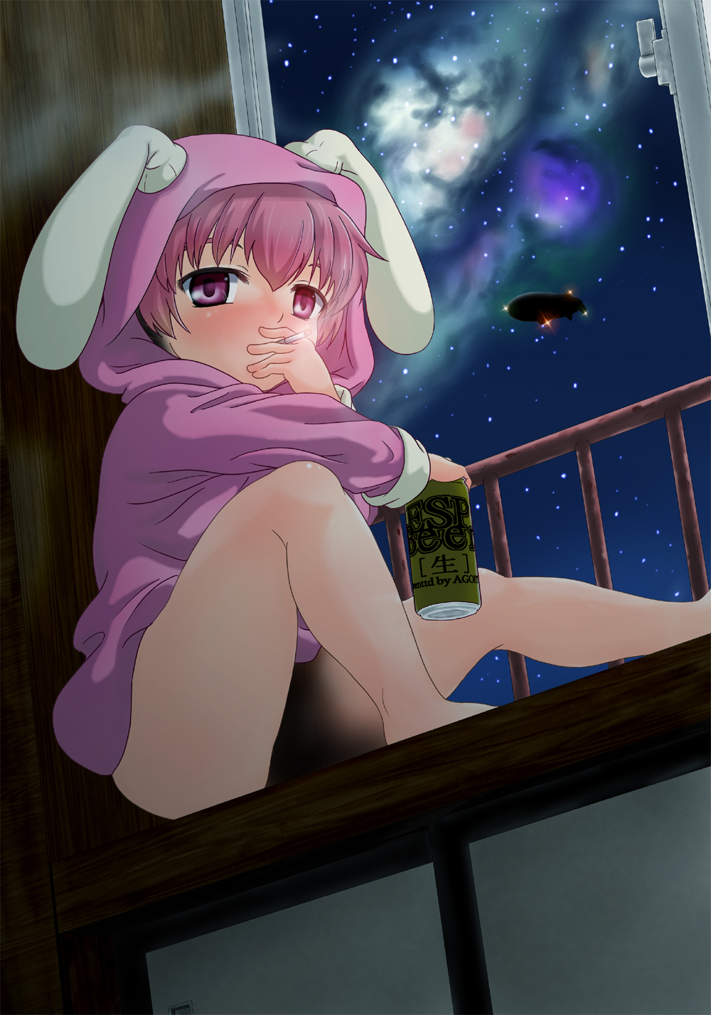 sankuro (agoitei), sankyuryo, tsukuyomi komoe, toaru majutsu no index, bad id, bad pixiv id, highres, 00s, 1girl, aircraft, alcohol, animal ears, barefoot, beer, blush, bottomless, censored, cigarette, dirigible, feet, female focus, hood, hoodie, loli, naked hoodie, night, no panties, pink eyes, pink hair, rabbit ears, sitting, sky, smoking, solo, star (sky), star (symbol), starry sky, sweater, underage drinking, windowsill
