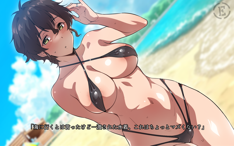 em (totsuzen no hakike), akiyama yoshiko, girls und panzer, translation request, 1girl, :o, beach, bikini, blue sky, blurry, blurry background, blush, breasts, brown eyes, brown hair, cloud, feet out of frame, large breasts, looking at viewer, mature female, nipples, outdoors, short hair, sky, solo, standing, sweat, swimsuit
