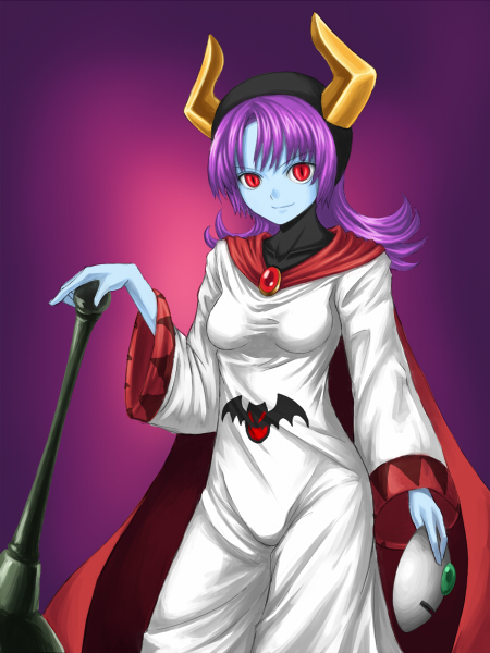 kuroitsuki, hargon, princess of moonbrook, whackolyte, chunsoft, dragon quest, dragon quest ii, enix, 1980s (style), 1girl, alternate skin color, animal print, bat print, blue skin, breasts, brooch, cape, club (weapon), collarbone, colored skin, corruption, cosplay, cowboy shot, dark persona, female focus, flipped hair, gem, gradient background, hand on hilt, hargon (cosplay), holding, hood, horns, impossible clothes, jewelry, light smile, long hair, long sleeves, mace, mask, oldschool, parted bangs, possessed, possession, purple hair, red eyes, retro artstyle, robe, slit pupils, small breasts, smile, solo, standing, taut clothes, unworn mask, weapon, whackolyte (cosplay), wide sleeves