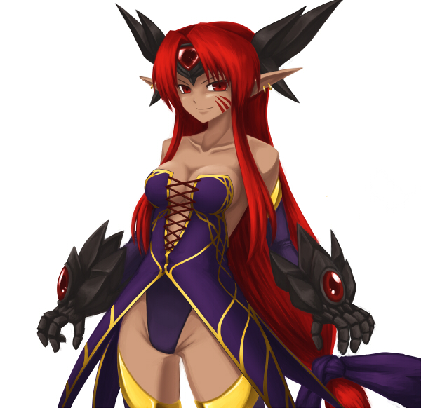 kuroitsuki, riesz, seiken densetsu, seiken densetsu 3, 1girl, boots, breasts, cleavage, dark persona, earrings, elbow gloves, gauntlets, gloves, head wings, helmet, jewelry, long hair, low-tied long hair, pointy ears, red eyes, red hair, thigh boots, thighhighs, transformation, very long hair, winged helmet, wings