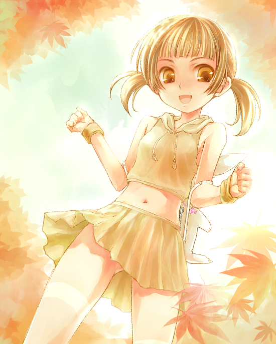mofmof (sousa), original, bad id, bad pixiv id, blonde hair, brown hair, hood, hoodie, miniskirt, navel, skirt, smile, thighhighs, twintails, yellow eyes