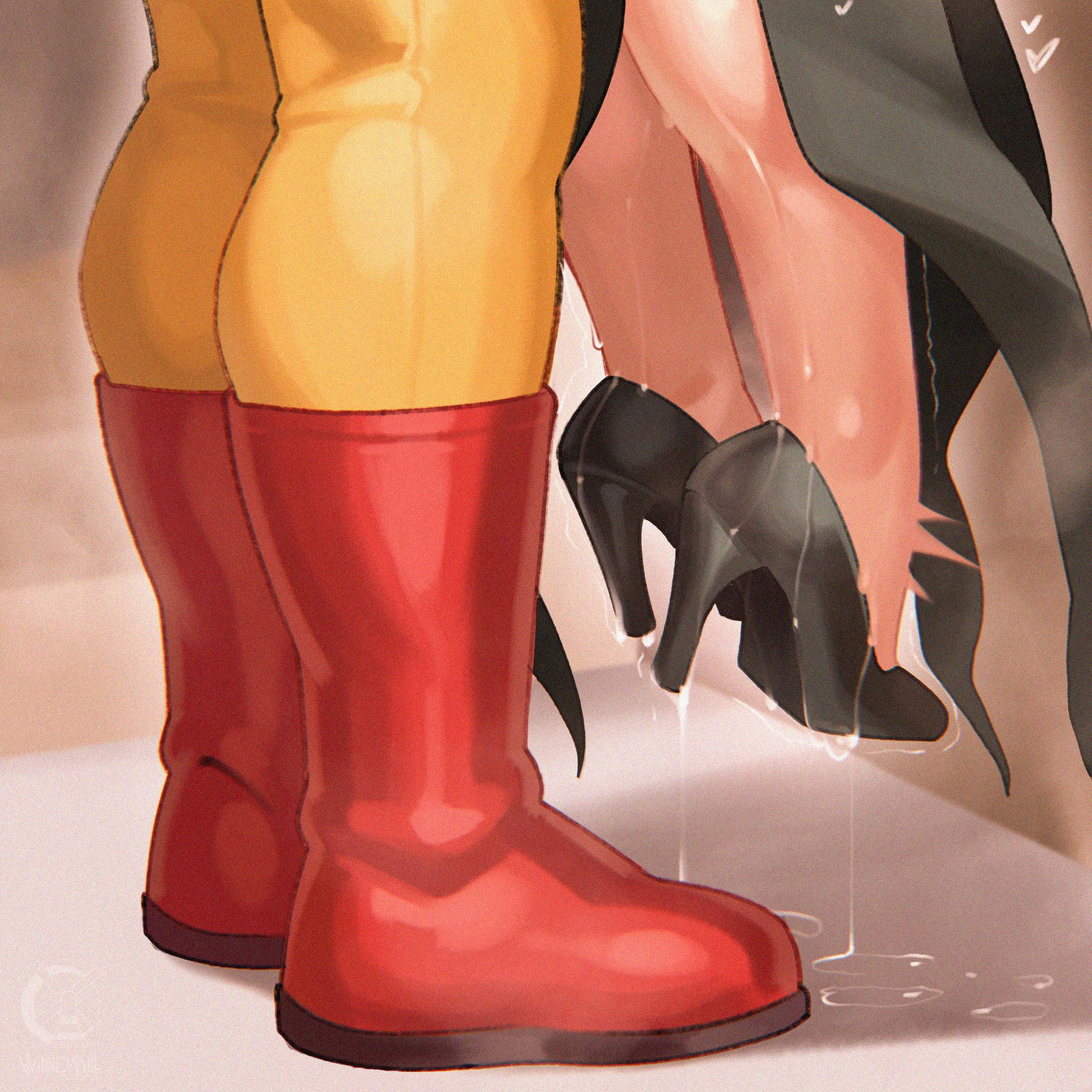 windmill (windmillg), saitama (one-punch man), tatsumaki, one-punch man, absurdres, highres, photo-referenced, 1boy, 1girl, black shoes, boots, clothed sex, height difference, high heels, implied sex, lifting person, lower body, pussy juice, pussy juice trail, red boots, shoes, steaming body, sweat, trembling