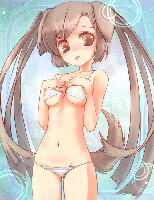 mofmof (sousa), original, bad id, bad pixiv id, 1girl, breasts, brown eyes, brown hair, female focus, lowleg, lowleg panties, panties, small breasts, solo, twintails, underboob, underwear