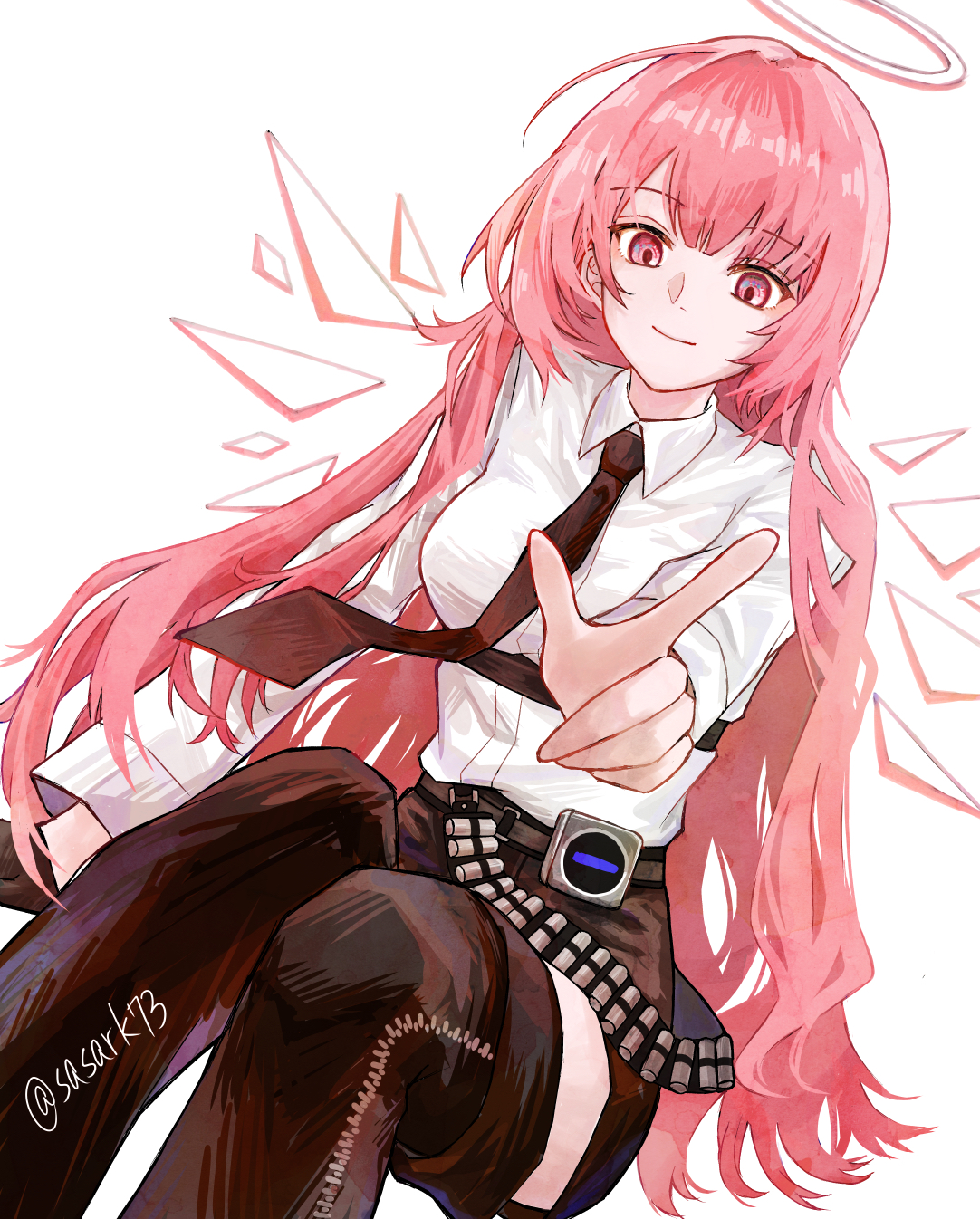 sasark73 (namida), lemuen (arknights), arknights, commentary, highres, 1girl, boots, brown boots, brown necktie, closed mouth, collared shirt, detached wings, halo, light smile, long hair, long sleeves, looking at viewer, necktie, outstretched arm, pink eyes, pink hair, pink halo, pointing, pointing at viewer, shirt, simple background, solo, thigh boots, traditional halo, twitter username, watermark, white background, white halo, white shirt, wings
