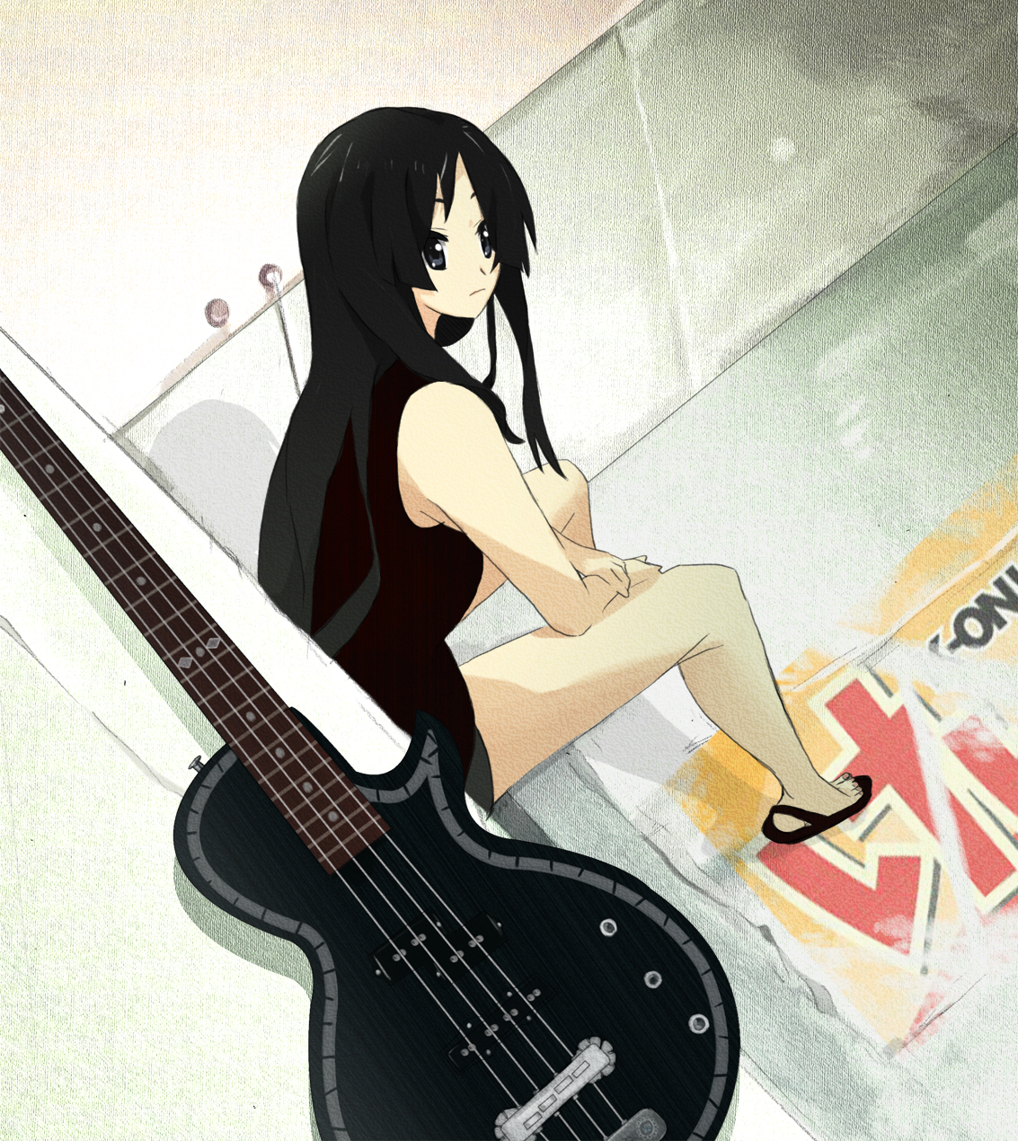 110 gou, akiyama mio, k-on!, bad id, bad pixiv id, highres, 00s, 1girl, bass guitar, black hair, blunt bangs, female focus, hime cut, indoors, instrument, solo