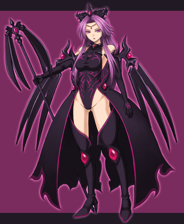 kuroitsuki, angela (seiken densetsu 3), seiken densetsu, seiken densetsu 3, square enix, bad id, 1girl, alternate costume, armlet, bare shoulders, black boots, black thighhighs, boots, cape, crown, dark persona, elbow gloves, female focus, gem, gloves, half-closed eyes, halterneck, high heel boots, high heels, jewelry, letterboxed, long hair, neck ring, outside border, purple background, purple hair, red eyes, red gemstone, simple background, solo, staff, stiletto heels, thigh boots, thighhighs, very long hair