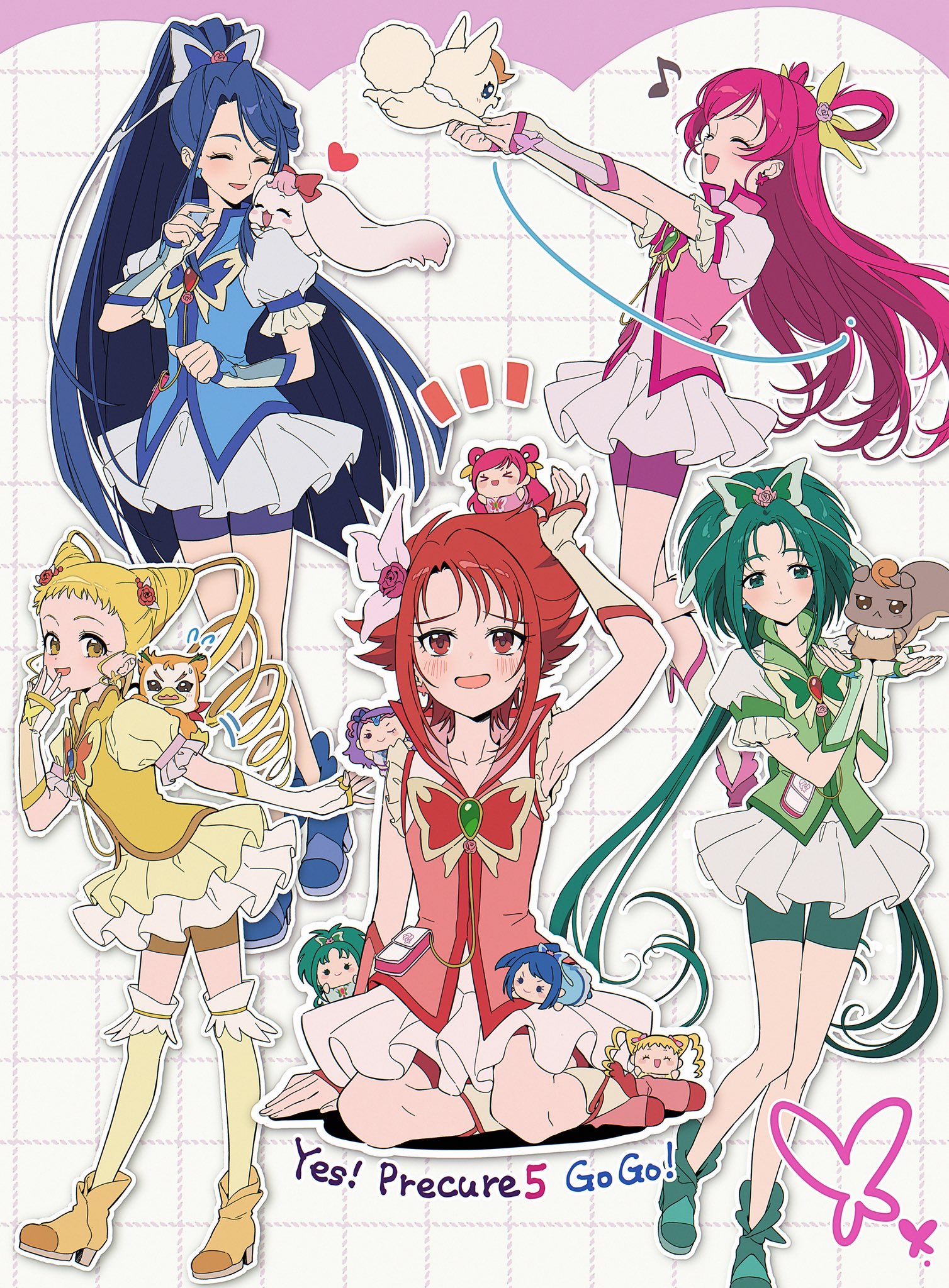 yuzu sato, akimoto komachi, coco (yes! precure 5), cure aqua, cure dream, cure lemonade, cure mint, cure rouge, kasugano urara (yes! precure 5), milk (yes! precure 5), milky rose, minazuki karen, natsuki rin, nuts (yes! precure 5), syrup (yes! precure 5), yumehara nozomi, precure, yes! precure 5, yes! precure 5 gogo!, highres, 5girls, :d, bean bag, bike shorts, blonde hair, blue dress, blue hair, blush, butterfly brooch, butterfly earrings, butterfly hair ornament, closed eyes, closed mouth, cone hair bun, dress, earrings, english text, flower, frilled sleeves, frills, green dress, green eyes, green hair, hair bun, hair flower, hair ornament, hair rings, jewelry, long hair, looking at another, looking up, magical girl, medium hair, multiple girls, open mouth, pink dress, pink hair, ponytail, puffy short sleeves, puffy sleeves, purple eyes, red dress, red eyes, red hair, short bangs, short hair, short sleeves, sitting, sleeveless, smile, standing, wariza, wrist cuffs, yellow dress, yellow eyes