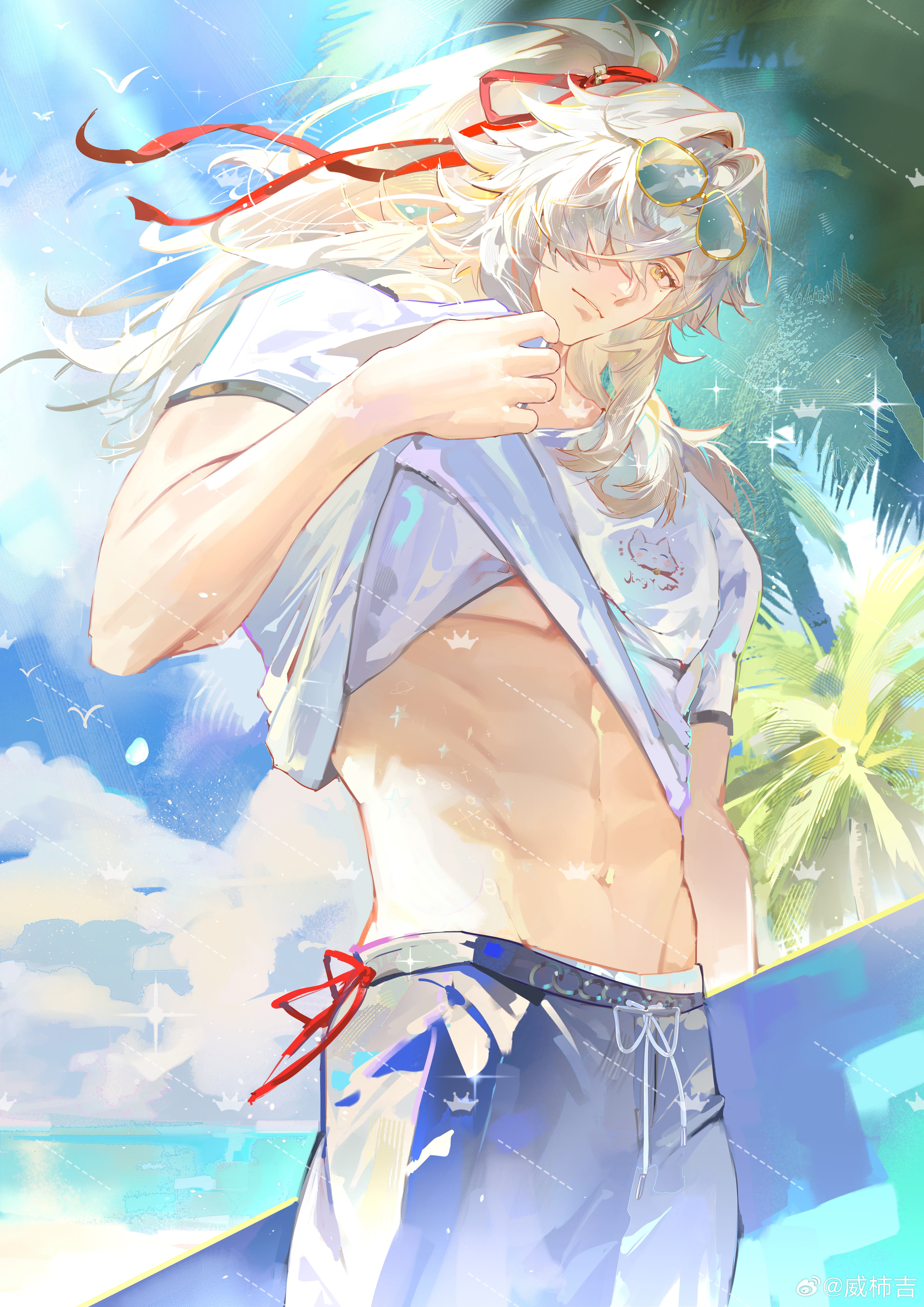 weishiji, jing yuan, honkai: star rail, honkai (series), absurdres, highres, 1boy, abs, black pants, blue-tinted eyewear, closed mouth, clothes lift, covered pectorals, eyewear on head, from below, hair over one eye, lifting own clothes, long hair, looking at viewer, male focus, male underwear, male underwear peek, mole, mole under eye, navel, pants, pectorals, ponytail, shirt, shirt lift, simple bird, solo, tinted eyewear, underwear, watermark, weibo watermark, white hair, white male underwear, white shirt, yellow-framed eyewear, yellow eyes