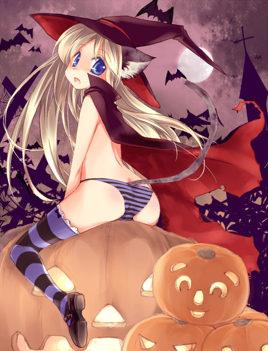 mofmof (sousa), doala, original, bad id, 1girl, animal ears, bat (animal), blonde hair, blue eyes, church, female focus, full moon, hat, jack-o'-lantern, long hair, moon, panties, pumpkin, solo, striped clothes, striped panties, tail, thighhighs, topless female, underwear, underwear only, witch hat