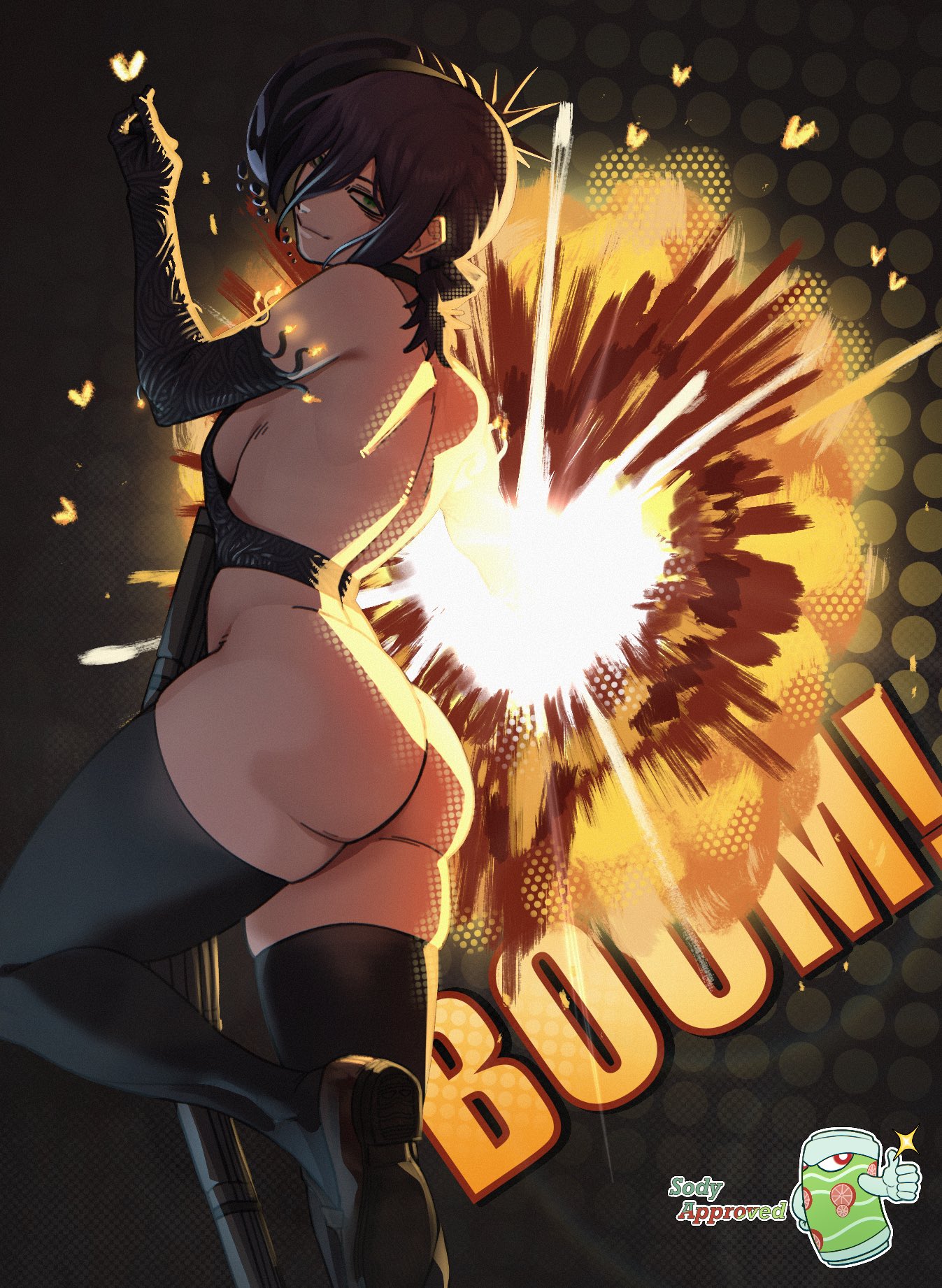 burnt lewds, bomb devil (chainsaw man), reze (chainsaw man), chainsaw man, highres, 1girl, apron, ass, black apron, black gloves, black hair, black thighhighs, breasts, closed mouth, dynamite, elbow gloves, explosion, explosive, gloves, green eyes, hair between eyes, sideboob, small breasts, smile, solo, thighhighs
