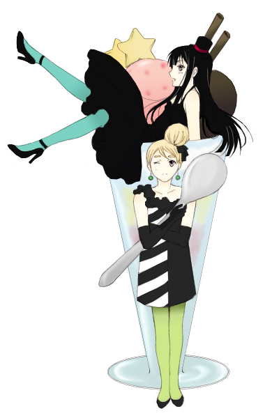 azurestar, akiyama mio, kotobuki tsumugi, don't say "lazy", k-on!, bad id, bad pixiv id, 00s, 2girls, blue pantyhose, dessert, food, giant glass, green pantyhose, hat, high heels, ice cream, in food, mini hat, mini person, mini top hat, minigirl, multiple girls, pantyhose, shoes, top hat