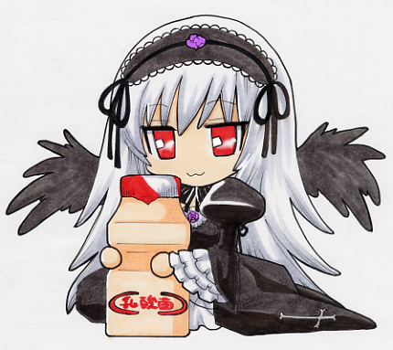 sakiran densha, yukikoma, suigintou, rozen maiden, yakult, silver hair, lowres, 00s, 1girl, :3, chibi, dress, female focus, frills, hairband, long hair, red eyes, solo, wings
