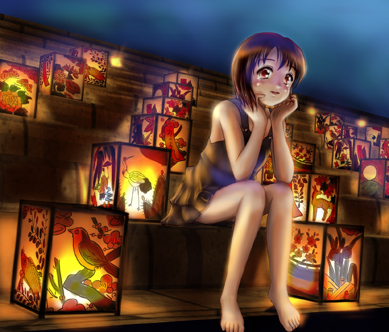 murasaki-no, original, 1girl, barefoot, brown eyes, brown hair, feet, female focus, hanafuda, lantern, paper lantern, short hair, sitting, sitting on stairs, solo, stairs, tears