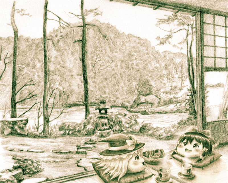 murasaki-no, hakurei reimu, kirisame marisa, touhou, traditional media, blush, bow, female focus, food, hair bow, hair tubes, hat, hat bow, monochrome, mountain, nature, no humans, pillow, scenery, senbei, sepia, shouji, sliding doors, stone lantern, tatami, tea, witch hat, yukkuri shiteitte ne