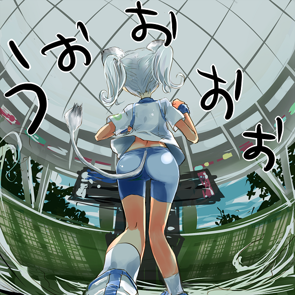 mofmof (sousa), lina (seibu lions), nippon professional baseball, original, saitama seibu lions, 1girl, animal ears, ass, bike shorts, female focus, fisheye, solo, tail, white hair