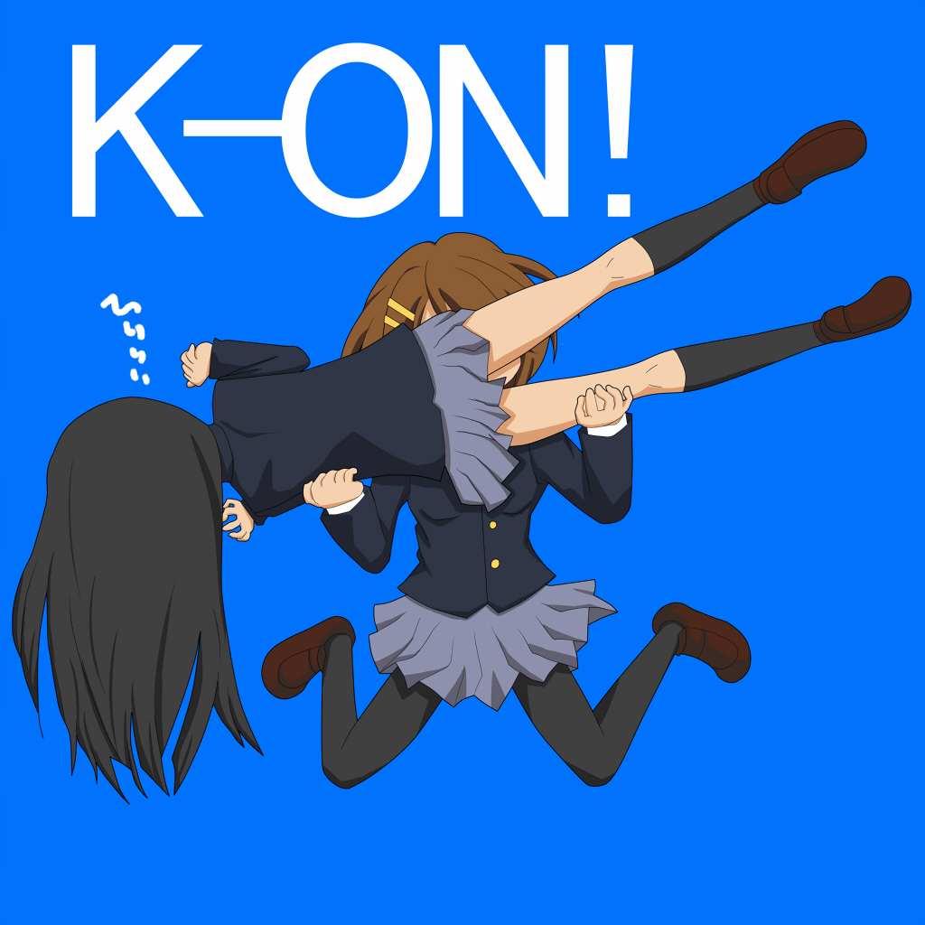 anison, akiyama mio, hirasawa yui, detroit metal city, k-on!, maria holic, 2girls, biting, black hair, blazer, blue background, brown hair, carrying, copyright name, hair ornament, hairclip, jacket, kneeling, long hair, multiple girls, pantyhose, parody, playing guitar with teeth, school uniform, sexually suggestive, short hair, skirt, yuri