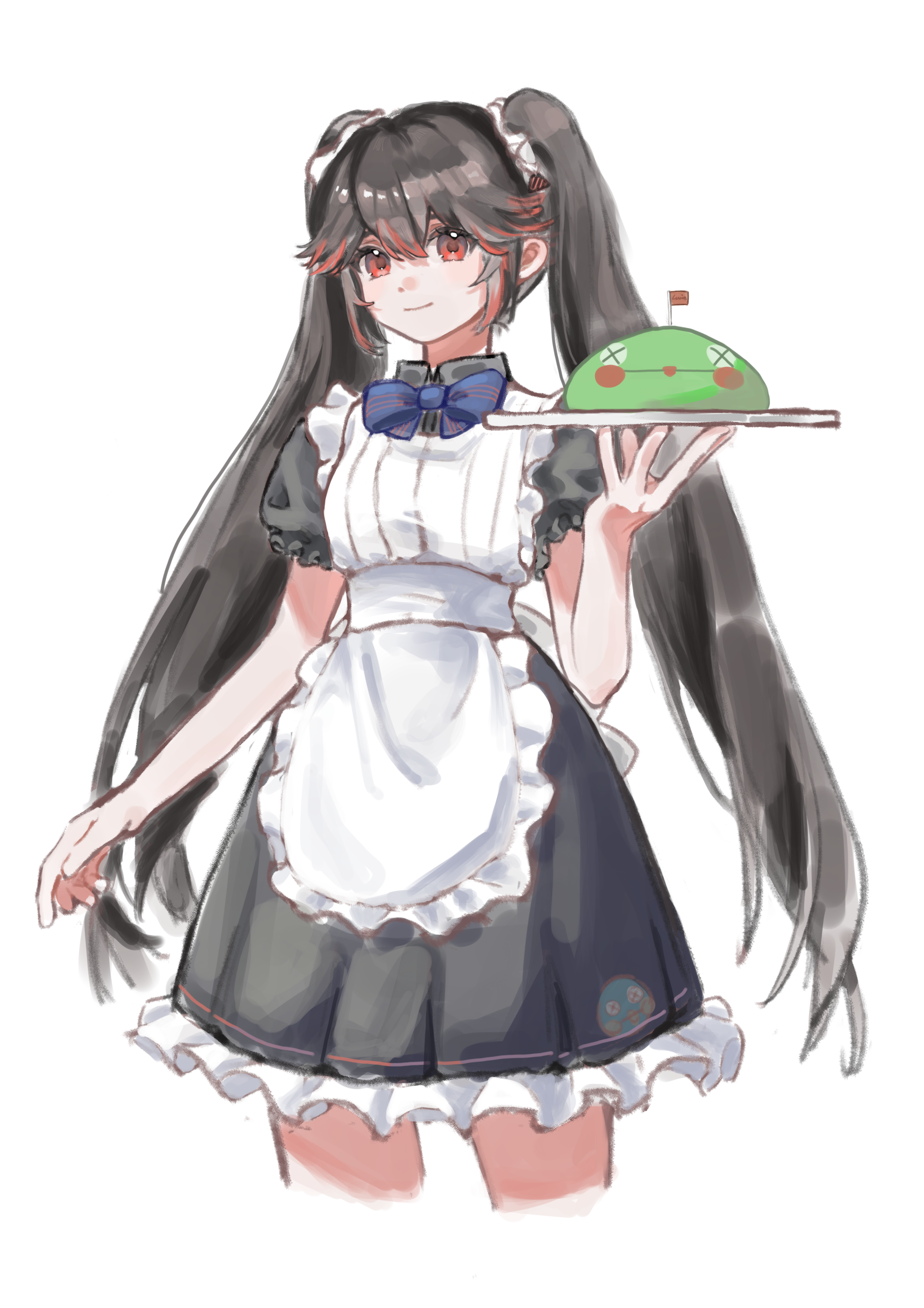 lucia (pgr), punishing: gray raven, absurdres, highres, 1girl, alternate costume, apron, black dress, black hair, blue bow, blue bowtie, bow, bowtie, cowboy shot, cropped legs, dress, enmaided, frilled apron, frilled dress, frills, frog, hair between eyes, holding, holding plate, holding tray, long hair, maid, maid apron, maid headdress, multicolored hair, plate, puffy short sleeves, puffy sleeves, red eyes, red hair, short sleeves, simple background, smile, solo, standing, streaked hair, tray, twintails, two-tone hair, very long hair, waitress, white apron, white background, zhungaerpendi36835