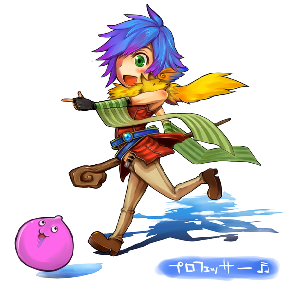chirao (tirao777), poring, professor (ragnarok online), ragnarok online, commentary request, 1boy, :3, :d, animal, animal around neck, black gloves, blue hair, brown pants, brown shoes, detached sleeves, fingerless gloves, fox, full body, gloves, green eyes, green sleeves, hair over one eye, holding, holding staff, looking afar, male focus, open mouth, pants, red shirt, running, shirt, shoes, short hair, simple background, sleeveless, sleeveless shirt, slime (creature), smile, solo, staff, white background
