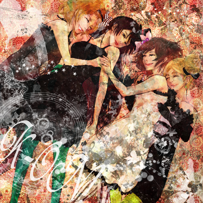uruha, akiyama mio, hirasawa yui, kotobuki tsumugi, tainaka ritsu, don't say "lazy", k-on!, striped legwear, vertical-striped legwear, bad id, bad pixiv id, 00s, 4girls, black hair, blonde hair, blue pantyhose, brown hair, dress, gothic lolita, green pantyhose, hat, ho-kago tea time, lolita fashion, mini hat, mini top hat, multiple girls, pantyhose, smile, striped clothes, striped pantyhose, top hat, vertical-striped clothes, vertical-striped pantyhose