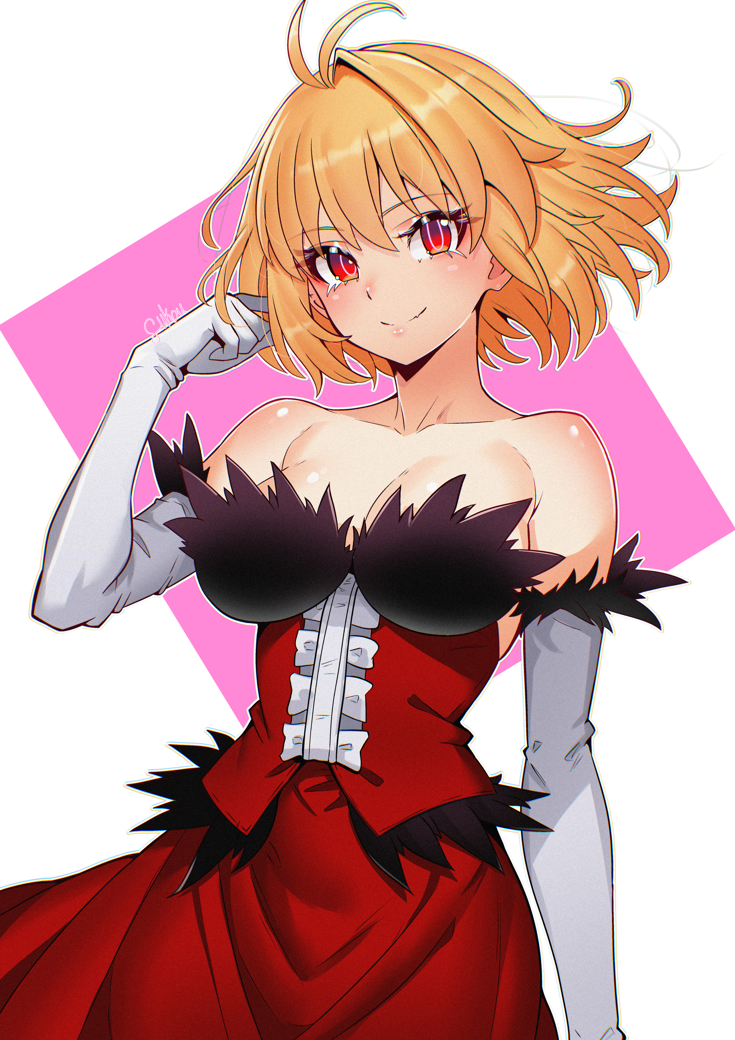 fukou, arcueid brunestud, kiss-shot acerola-orion heart-under-blade, oshino shinobu, kizumonogatari, monogatari (series), tsukihime, absurdres, highres, 1girl, bare shoulders, blonde hair, breasts, collarbone, cosplay, dress, elbow gloves, eyelashes, gloves, kiss-shot acerola-orion heart-under-blade (cosplay), large breasts, red dress, red eyes, short hair, simple background, smile, solo, strapless, strapless dress, white background, white gloves