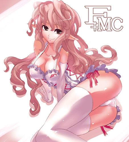toujou chika, pachelbel no kane, bad id, bad pixiv id, lowres, 1girl, breasts, brown eyes, cleavage, corset, elbow gloves, elf, f+mc, female focus, gloves, long hair, panties, pointy ears, solo, thighhighs, underwear