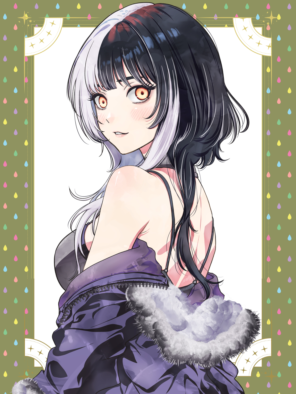 zaki zaki zaki, shiori novella, shiori novella (1st costume), hololive, hololive english, highres, 1girl, black dress, black hair, breasts, coat, dress, fur-trimmed coat, fur trim, long hair, looking at viewer, medium breasts, multicolored hair, purple coat, solo, split-color hair, two-tone hair, virtual youtuber, white hair, yellow eyes