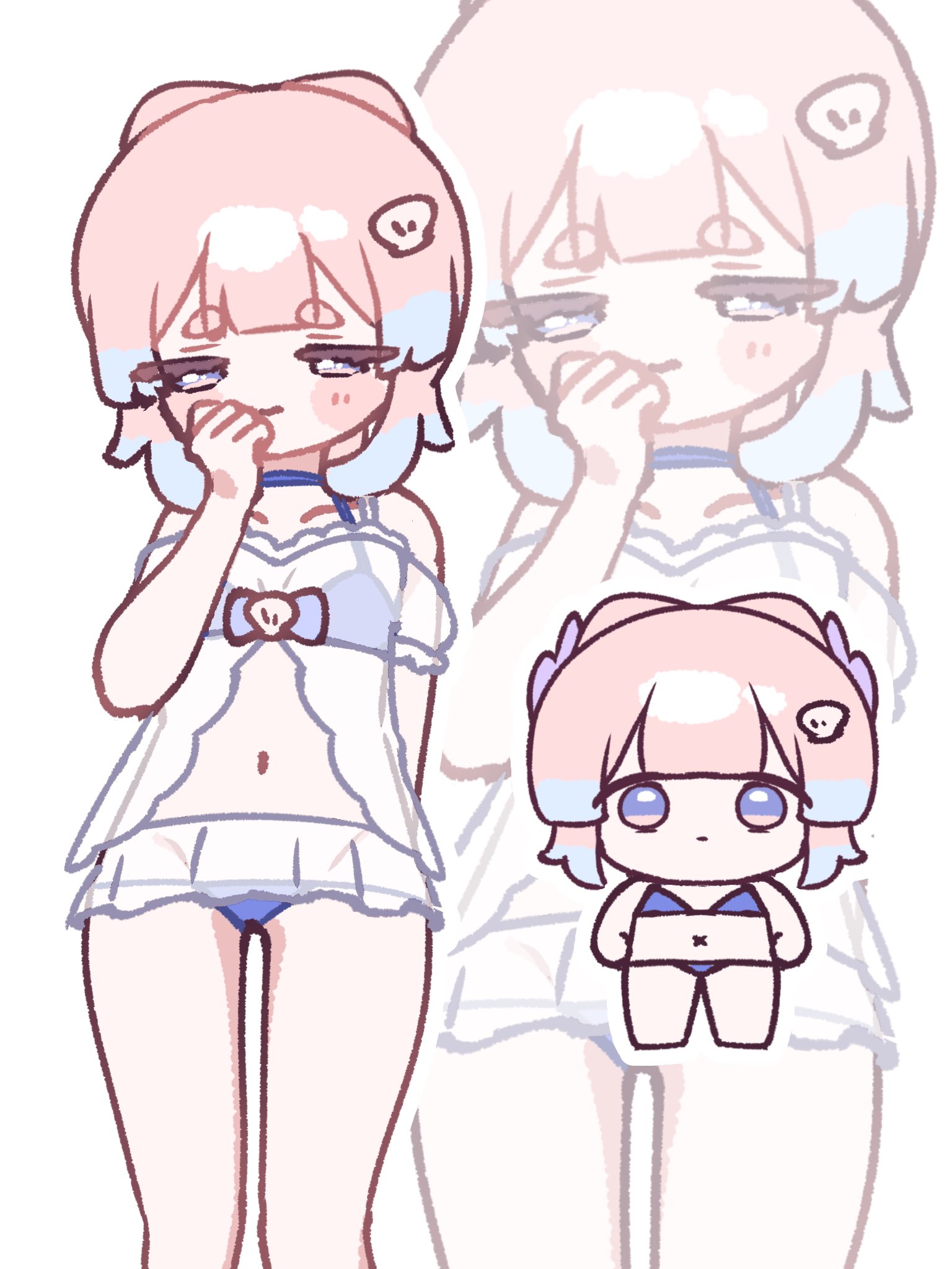 mikurumikurumi, sangonomiya kokomi, genshin impact, highres, 1girl, bikini, blue horns, blunt bangs, blush, bow-shaped hair, breasts, chibi, choker, cleavage, colored tips, gradient hair, horns, lace-trimmed choker, lace trim, multicolored hair, pink hair, purple bikini, purple eyes, short hair, string bikini, swimsuit