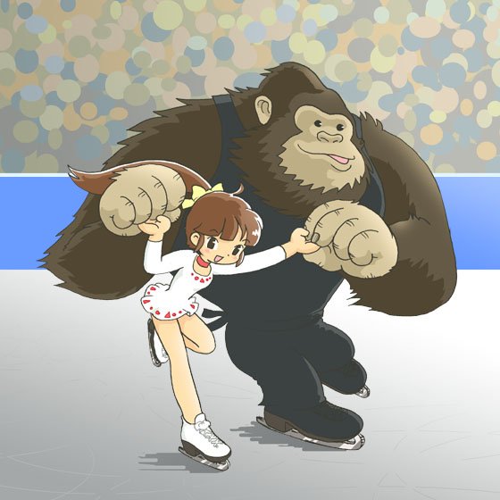 kabiinyo (kab), original, 1girl, bow, brown hair, figure skating, gorilla, hair bow, holding hands, ice skates, long hair, looking at viewer, open mouth, ponytail, skates, skating, smile, standing, standing on one leg